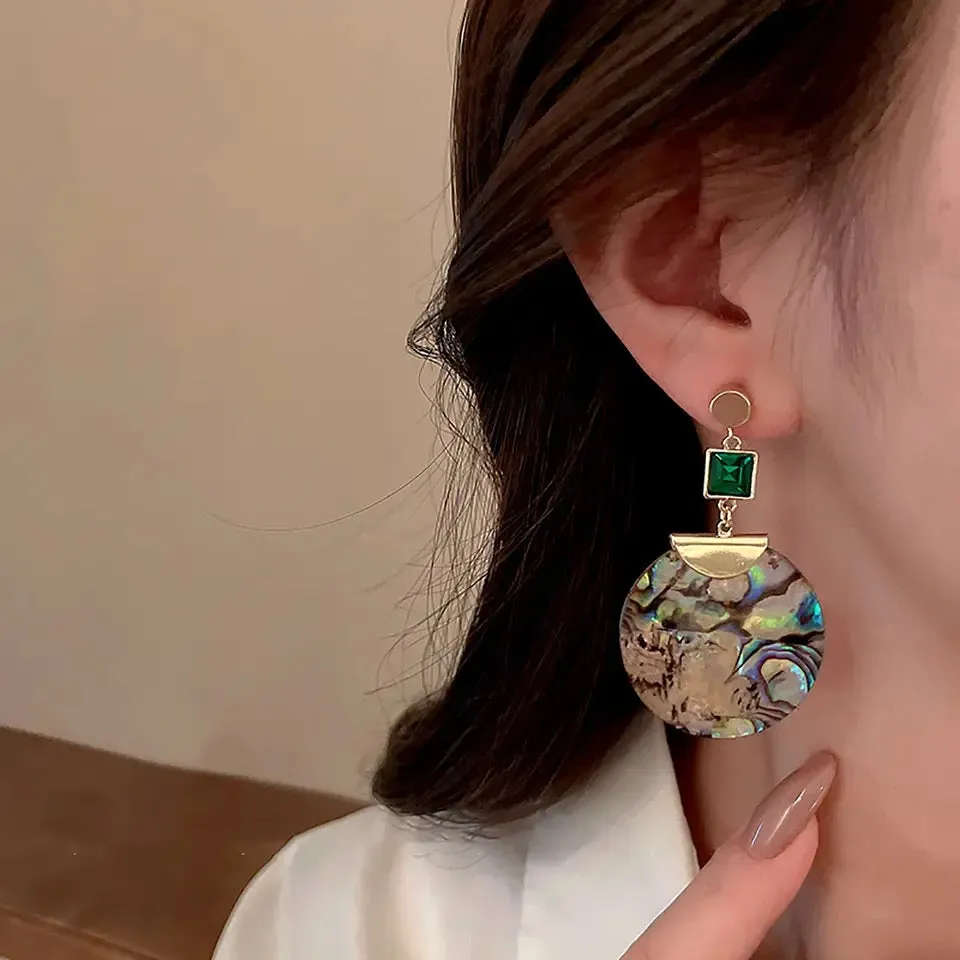 Big Long Round Abalone Shell Drop Earrings for Women