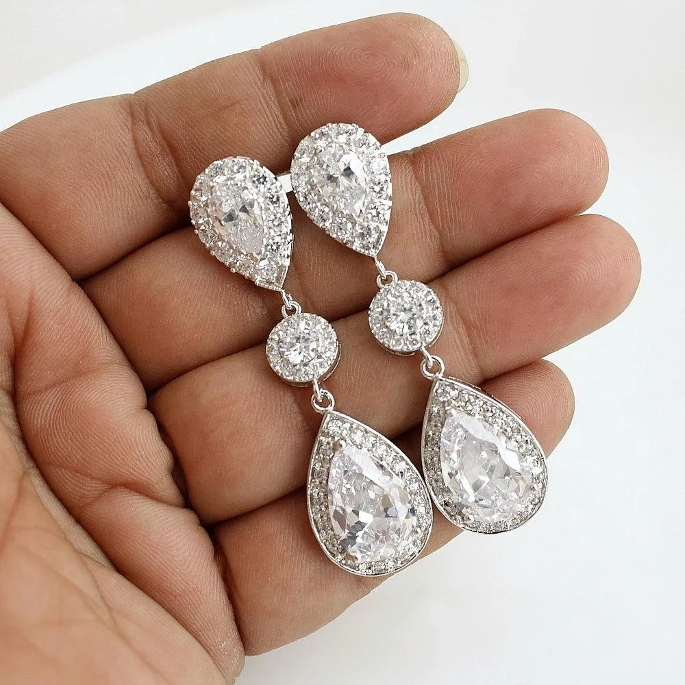 Big Wedding Earrings with Large CZ Teardrops-Penelope