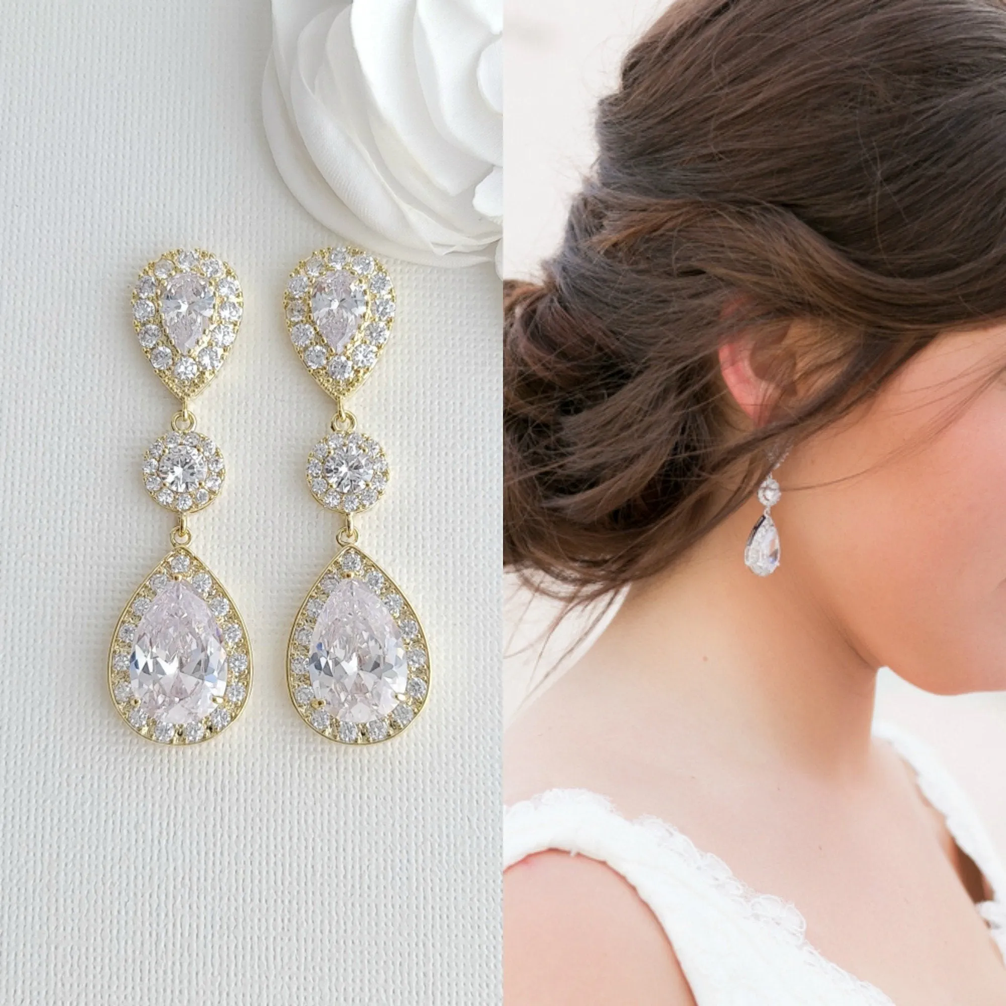 Big Wedding Earrings with Large CZ Teardrops-Penelope