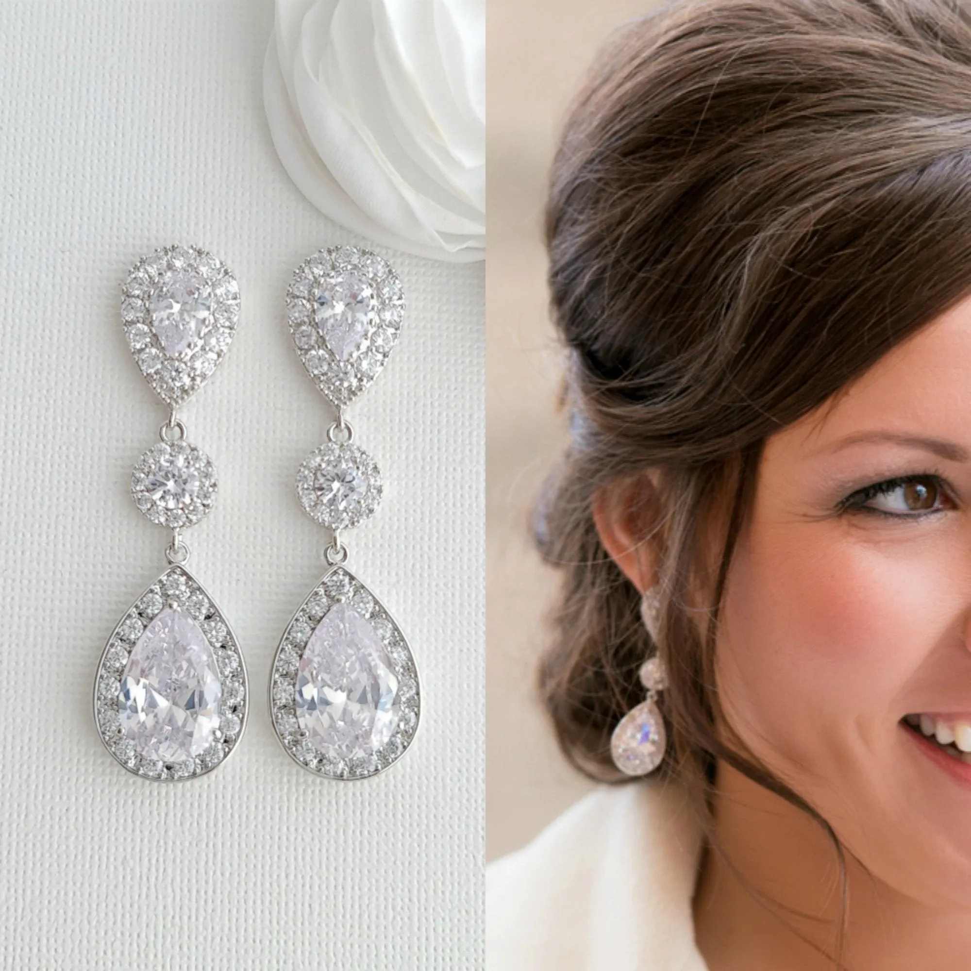 Big Wedding Earrings with Large CZ Teardrops-Penelope