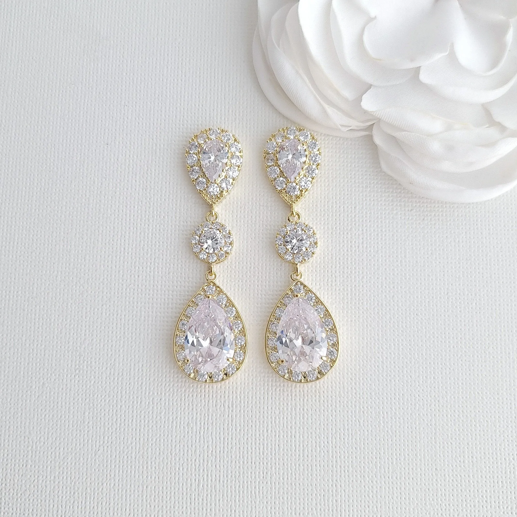 Big Wedding Earrings with Large CZ Teardrops-Penelope