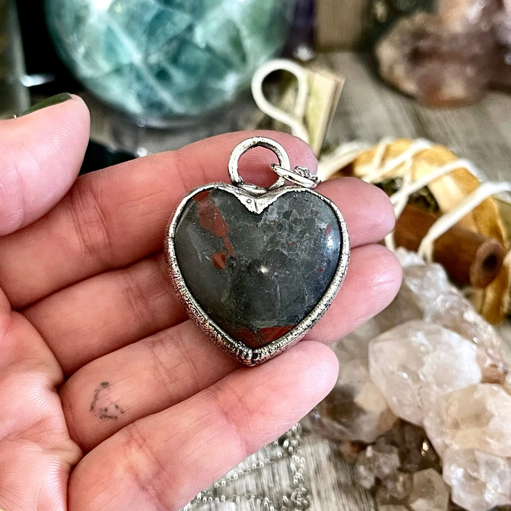 Bloodstone Crystal Heart Necklace in Fine Silver / Stone Pendant