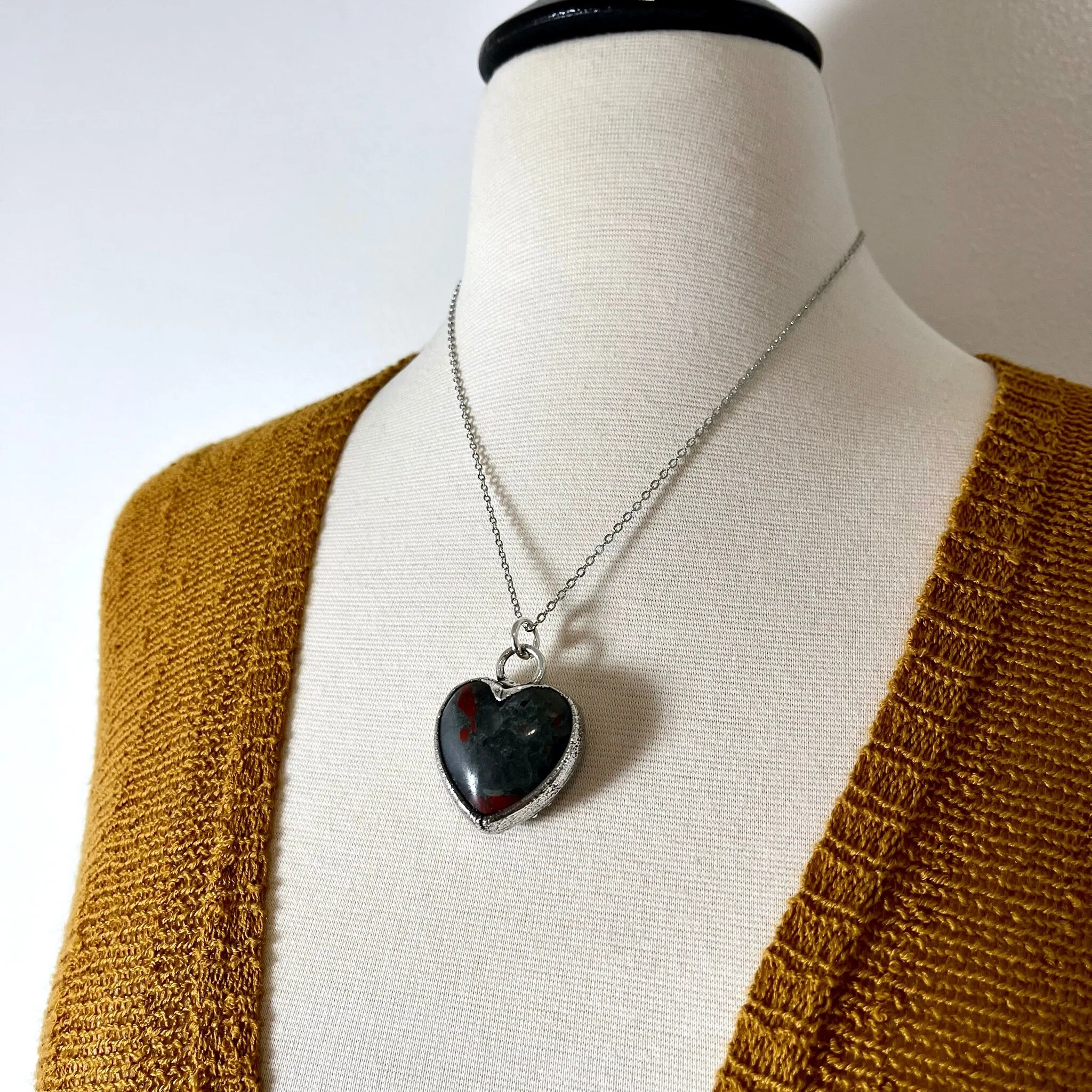 Bloodstone Crystal Heart Necklace in Fine Silver / Stone Pendant