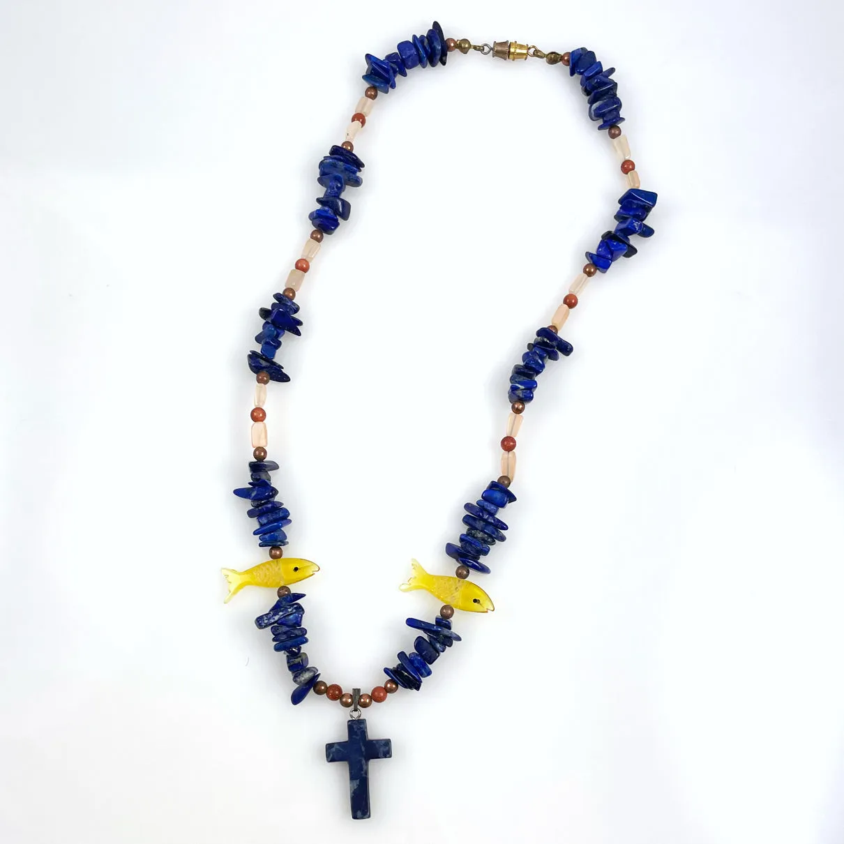 Blue Lapis Cross Beaded Necklace Vintage