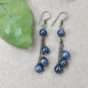 BLUE SAPPHIRE 925 Sterling Silver Earrings : 8.390gms Natural Triple Dangle Victorian Round Plain Beaded Hook Earrings 2.50"