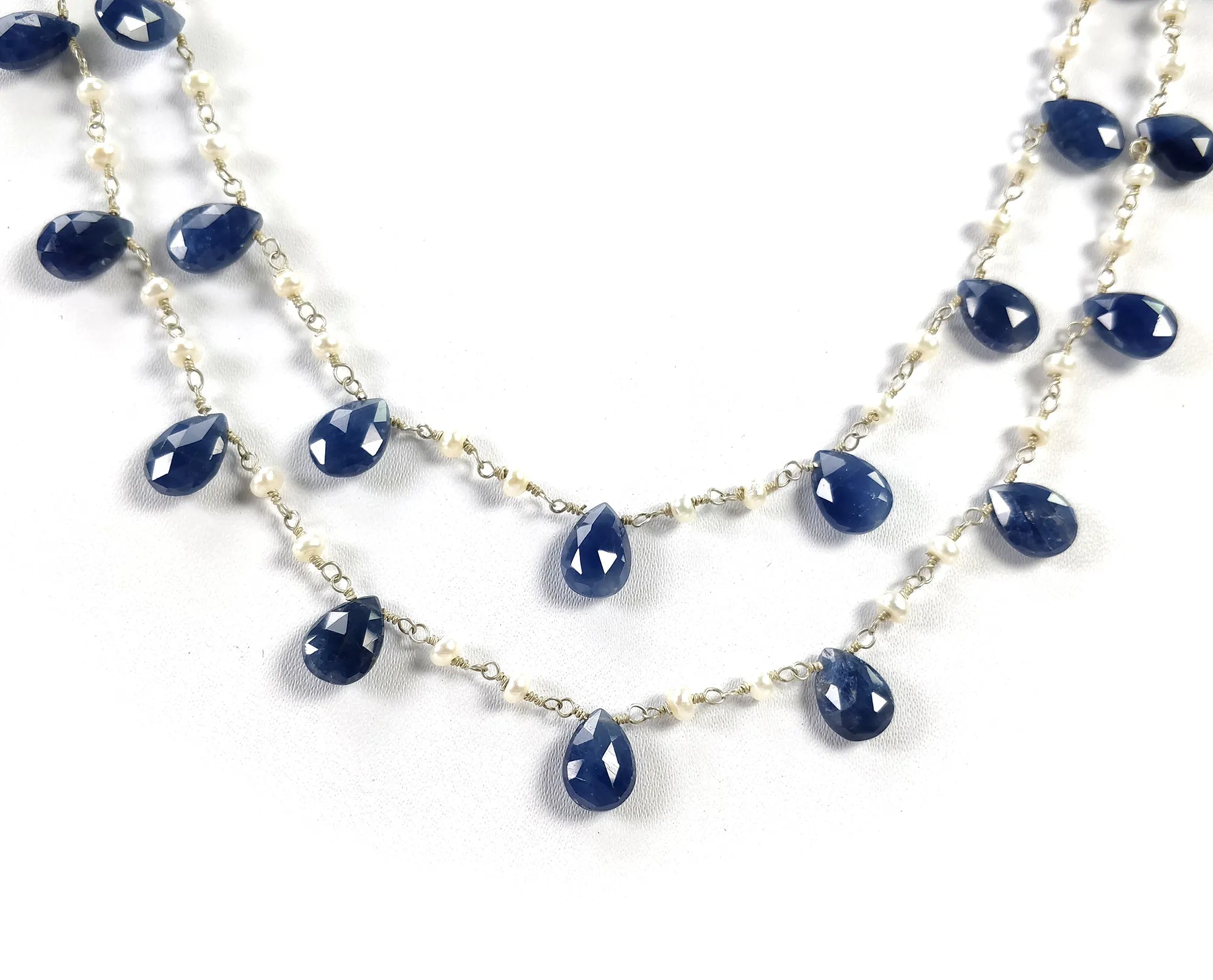 Blue Sapphire Gemstone BEADS CHAIN NECKLACE : 925 Sterling Silver Natural Untreated Sapphire Pear Rose Cut Beads 48" Necklace