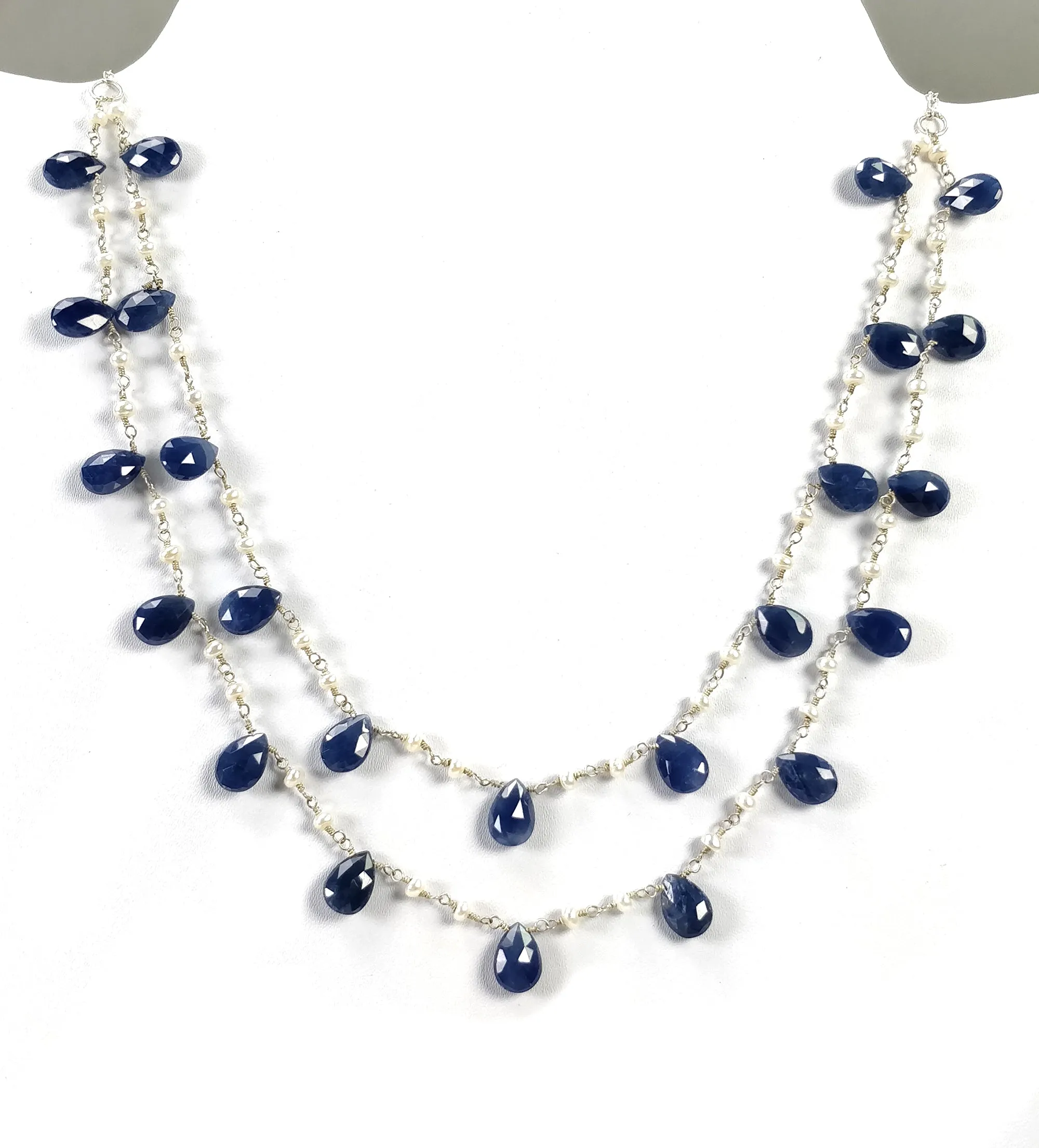 Blue Sapphire Gemstone BEADS CHAIN NECKLACE : 925 Sterling Silver Natural Untreated Sapphire Pear Rose Cut Beads 48" Necklace