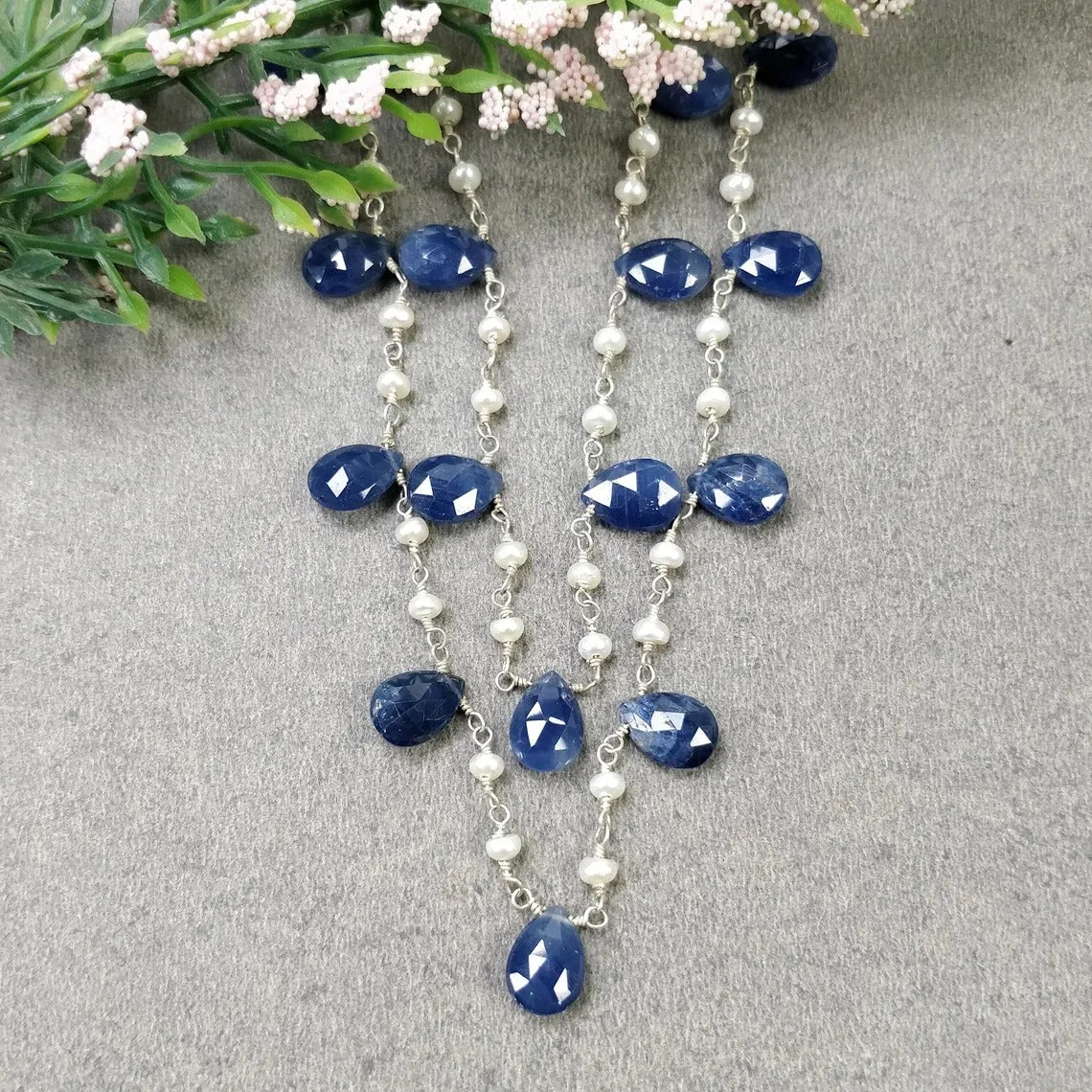 Blue Sapphire Gemstone BEADS CHAIN NECKLACE : 925 Sterling Silver Natural Untreated Sapphire Pear Rose Cut Beads 48" Necklace