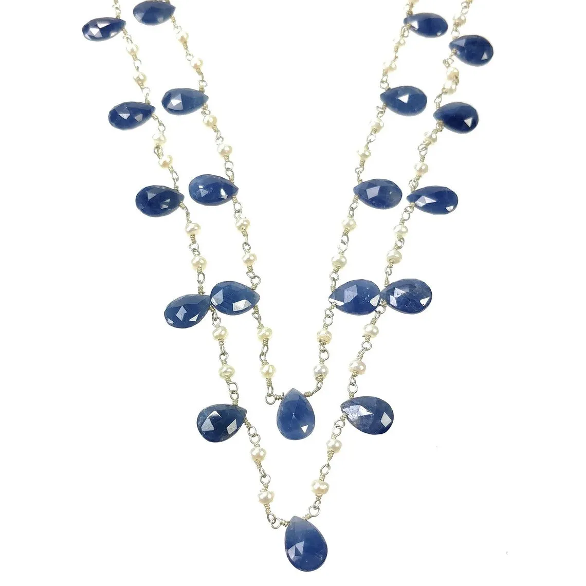 Blue Sapphire Gemstone BEADS CHAIN NECKLACE : 925 Sterling Silver Natural Untreated Sapphire Pear Rose Cut Beads 48" Necklace