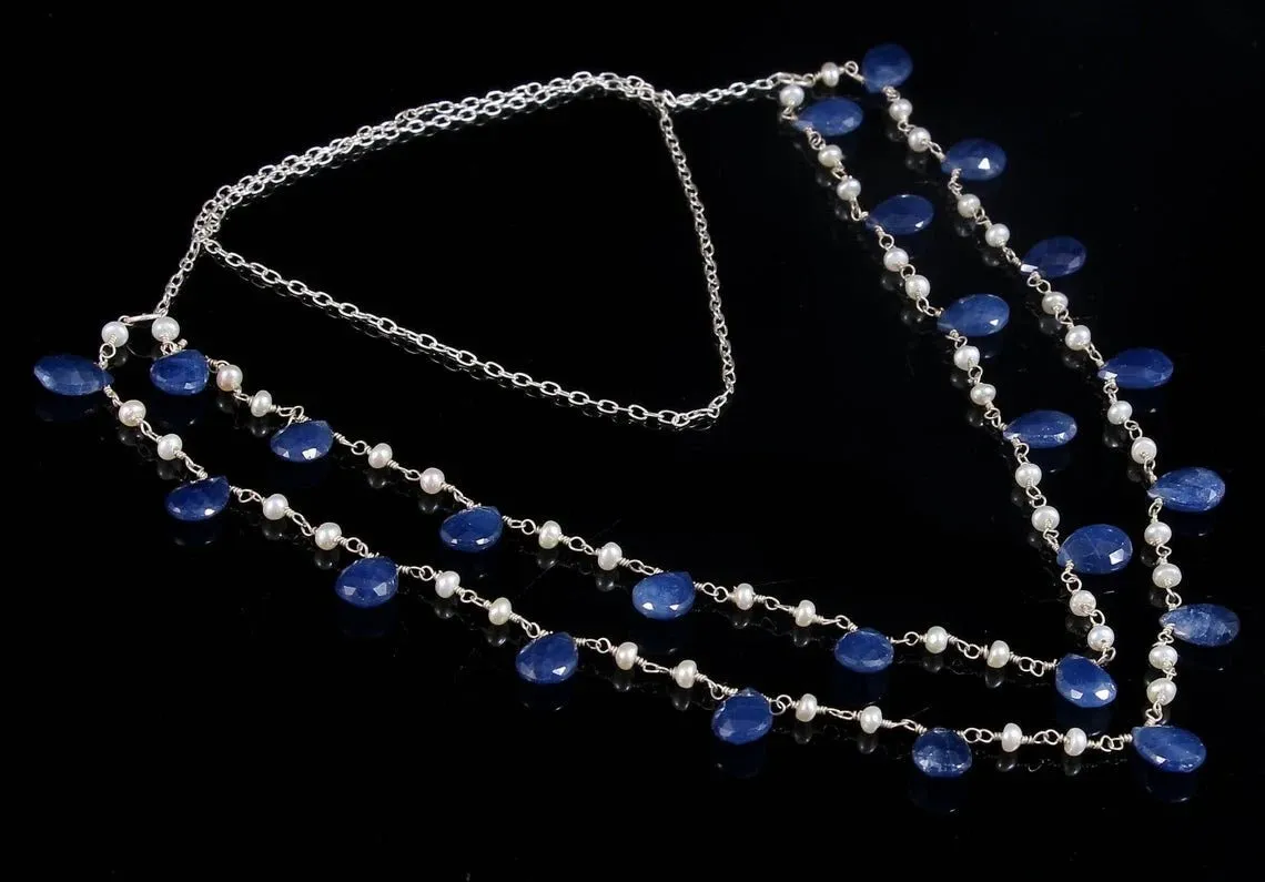 Blue Sapphire Gemstone BEADS CHAIN NECKLACE : 925 Sterling Silver Natural Untreated Sapphire Pear Rose Cut Beads 48" Necklace