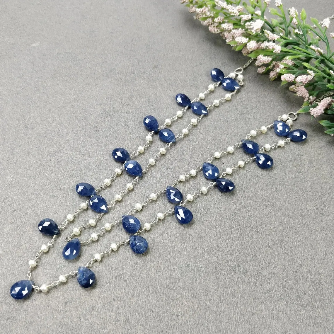 Blue Sapphire Gemstone BEADS CHAIN NECKLACE : 925 Sterling Silver Natural Untreated Sapphire Pear Rose Cut Beads 48" Necklace