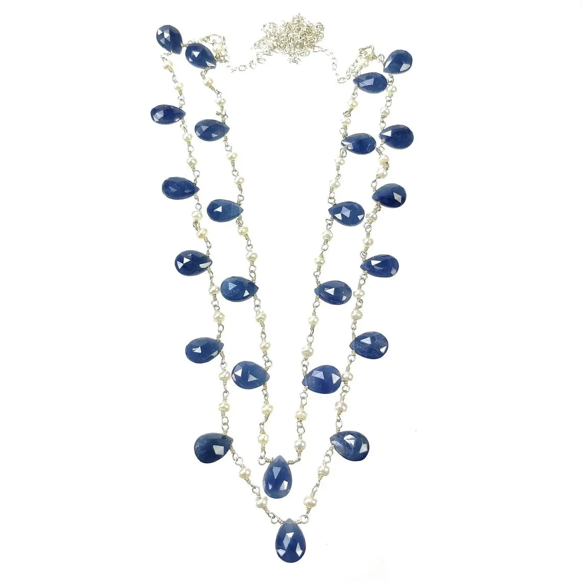 Blue Sapphire Gemstone BEADS CHAIN NECKLACE : 925 Sterling Silver Natural Untreated Sapphire Pear Rose Cut Beads 48" Necklace