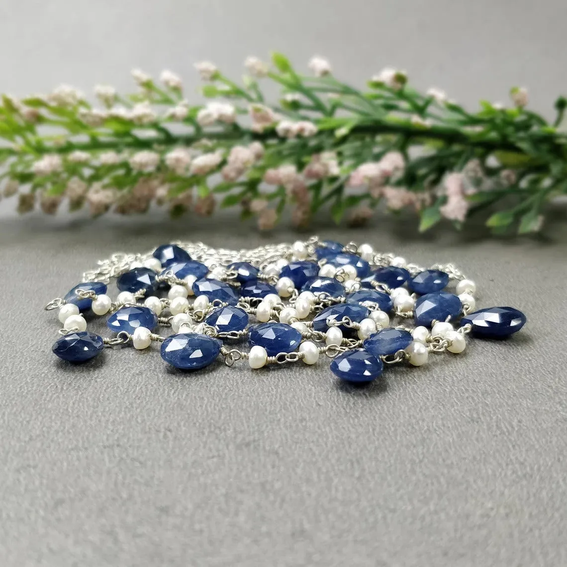 Blue Sapphire Gemstone BEADS CHAIN NECKLACE : 925 Sterling Silver Natural Untreated Sapphire Pear Rose Cut Beads 48" Necklace