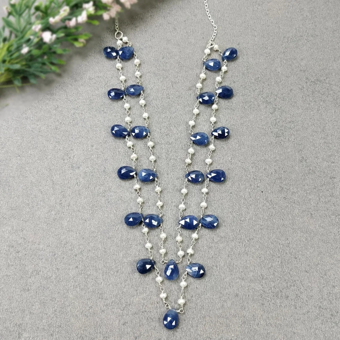 Blue Sapphire Gemstone BEADS CHAIN NECKLACE : 925 Sterling Silver Natural Untreated Sapphire Pear Rose Cut Beads 48" Necklace