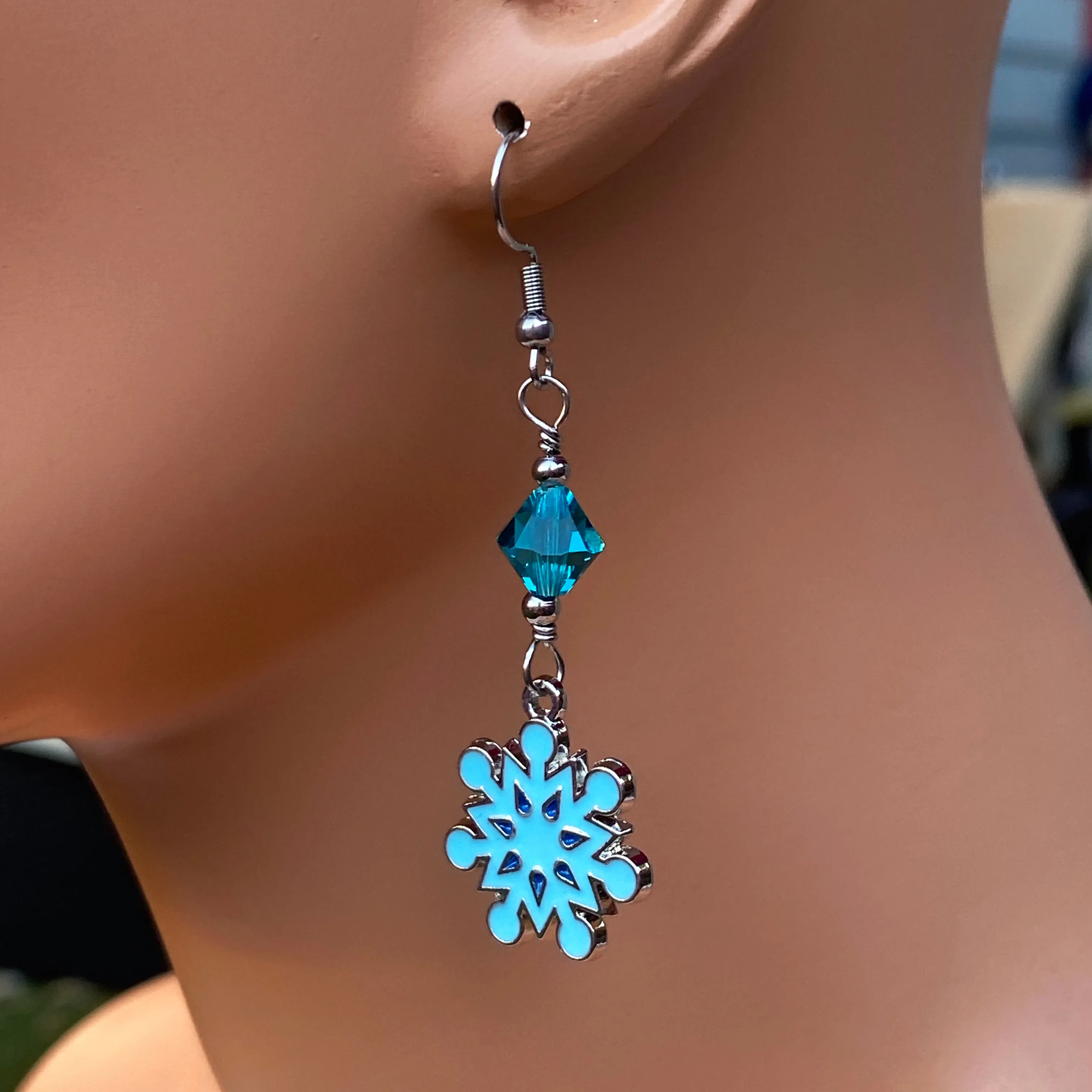 Blue Snowflake Dangle Earrings