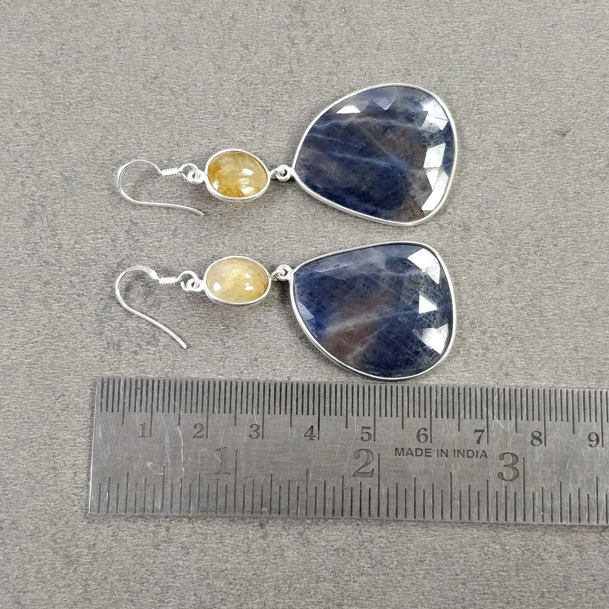 BLUE YELLOW SAPPHIRE Earrings : 15.110gms Natural Untreated 925 Sterling Silver Bezel Set Drop Dangle Hook Earrings 2.65"