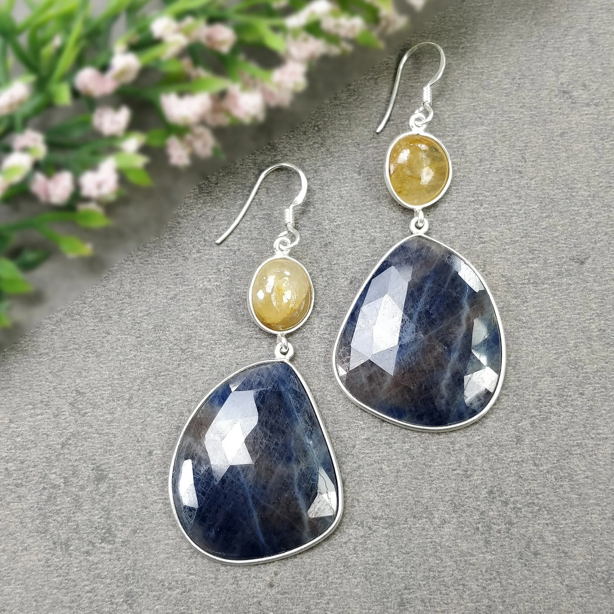 BLUE YELLOW SAPPHIRE Earrings : 15.110gms Natural Untreated 925 Sterling Silver Bezel Set Drop Dangle Hook Earrings 2.65"