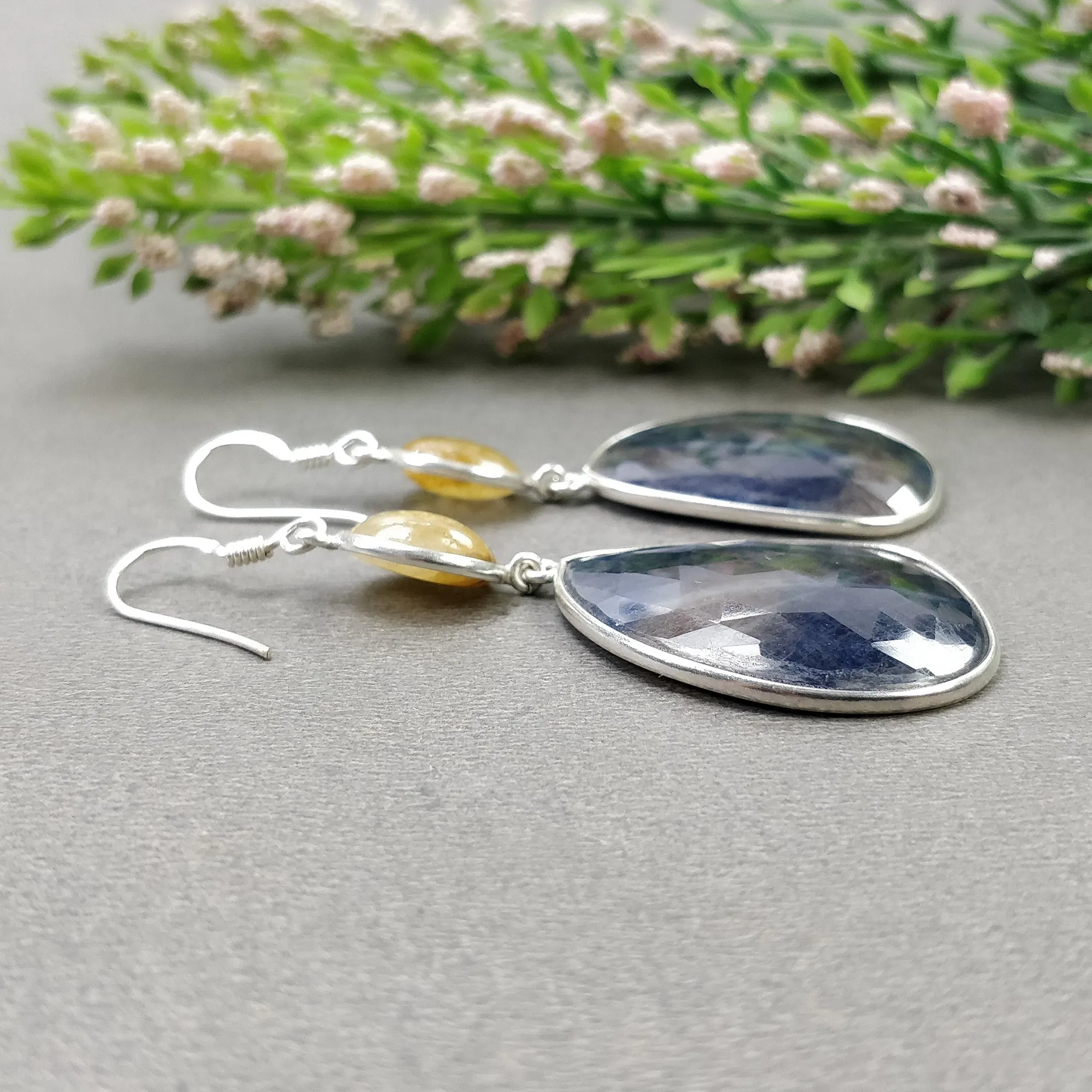 BLUE YELLOW SAPPHIRE Earrings : 15.110gms Natural Untreated 925 Sterling Silver Bezel Set Drop Dangle Hook Earrings 2.65"