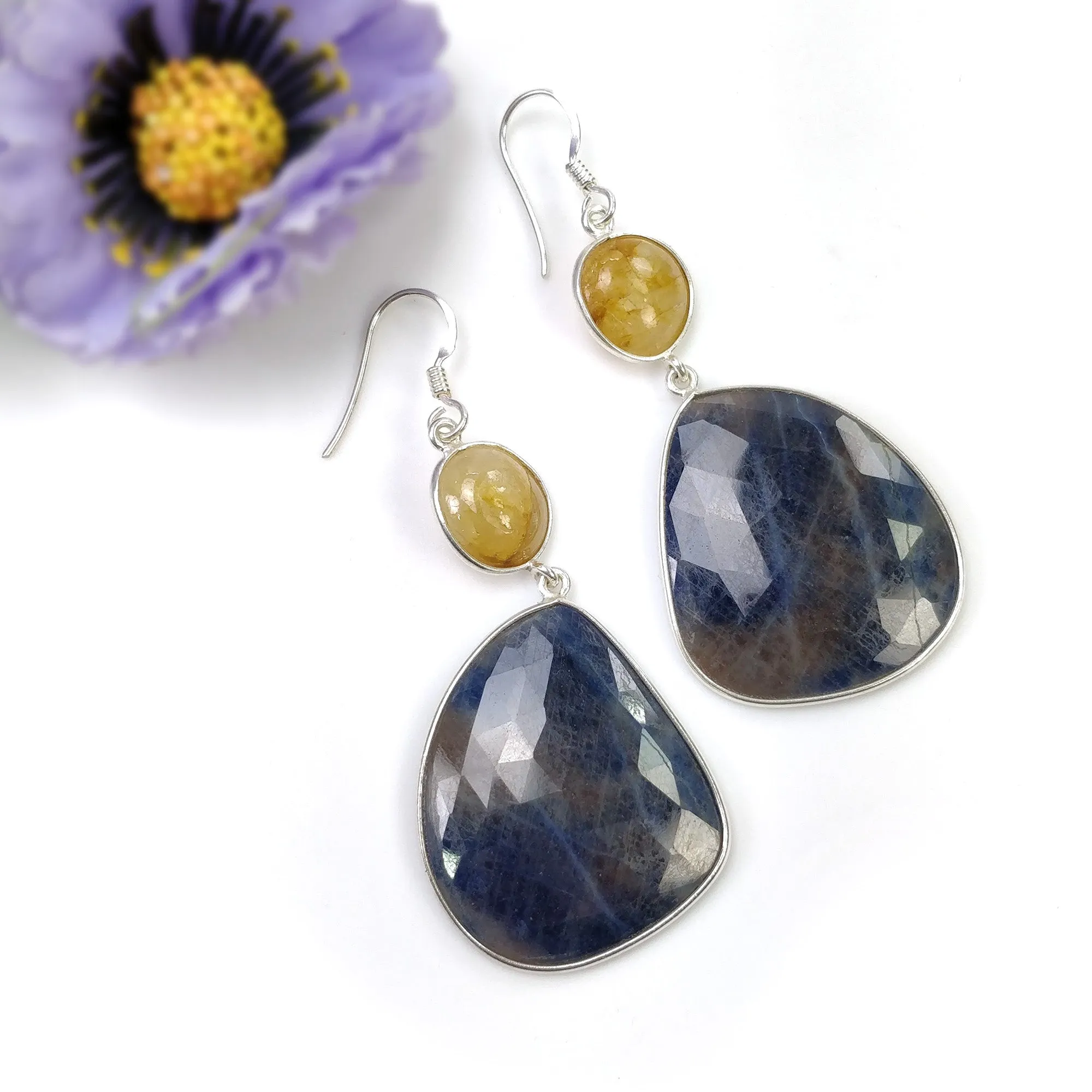 BLUE YELLOW SAPPHIRE Earrings : 15.110gms Natural Untreated 925 Sterling Silver Bezel Set Drop Dangle Hook Earrings 2.65"