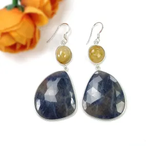 BLUE YELLOW SAPPHIRE Earrings : 15.110gms Natural Untreated 925 Sterling Silver Bezel Set Drop Dangle Hook Earrings 2.65"