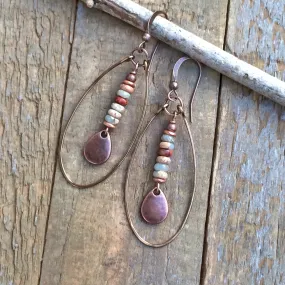 Boho Hoop Earrings, Bohemian Dangle Earrings, African Opal Earrings, Bohemian Jewelry, Earthy Jewelry, Stone Earrings, Copper Teardrops