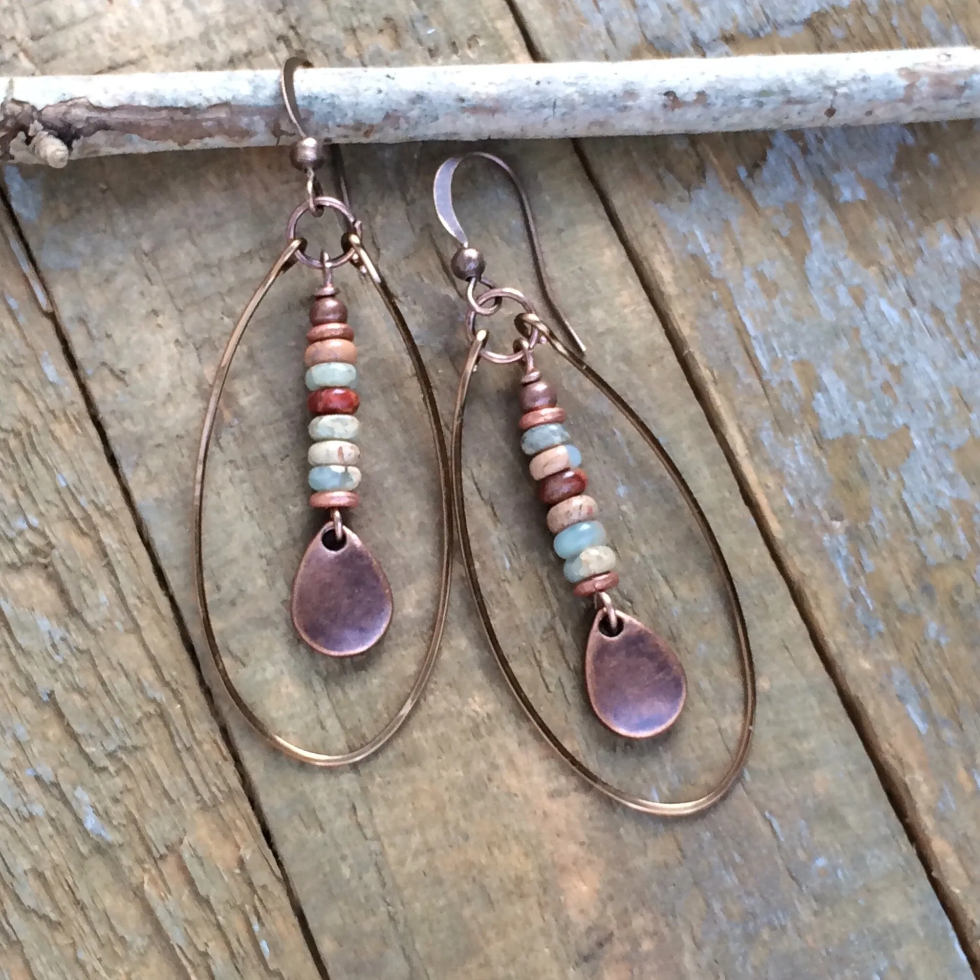 Boho Hoop Earrings, Bohemian Dangle Earrings, African Opal Earrings, Bohemian Jewelry, Earthy Jewelry, Stone Earrings, Copper Teardrops