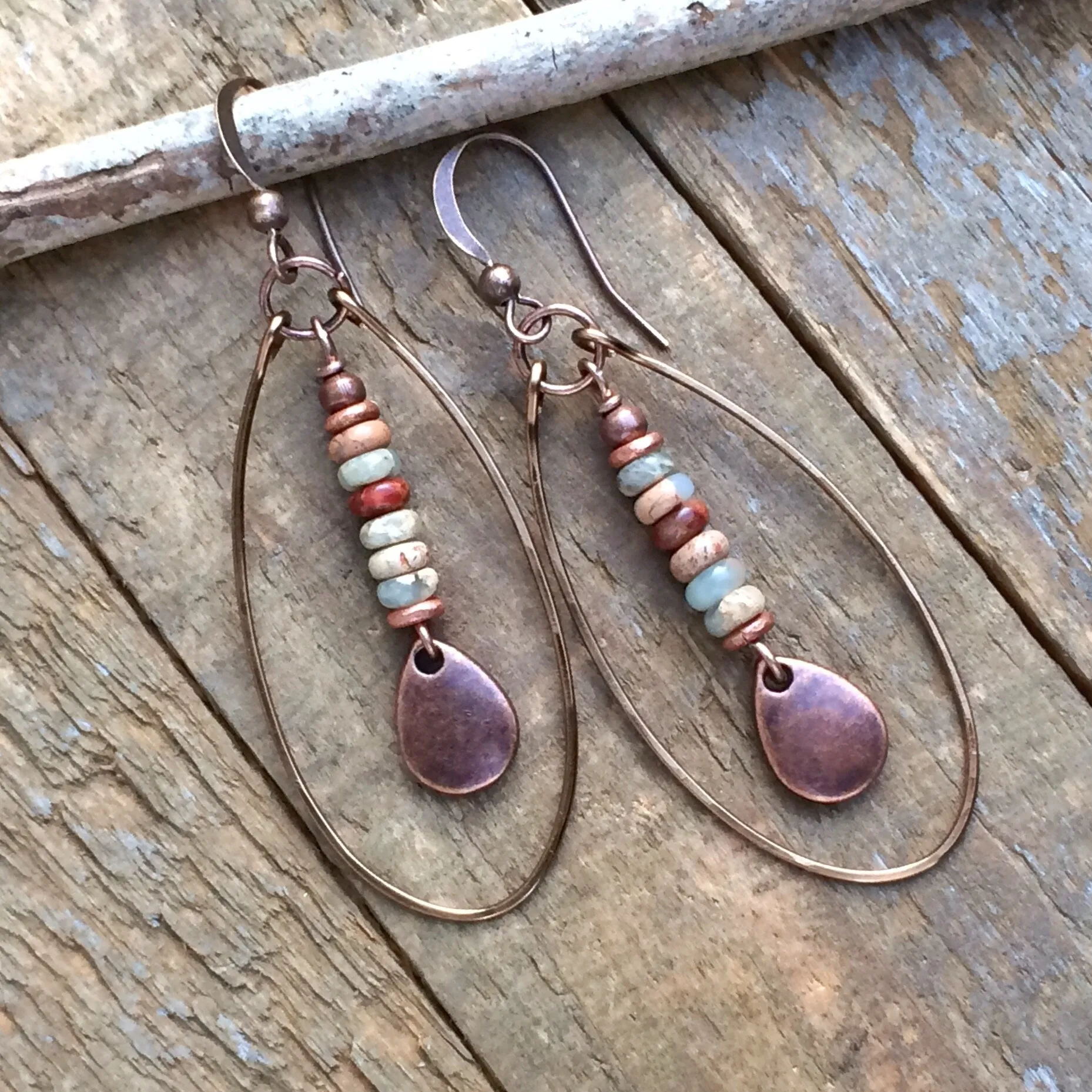 Boho Hoop Earrings, Bohemian Dangle Earrings, African Opal Earrings, Bohemian Jewelry, Earthy Jewelry, Stone Earrings, Copper Teardrops