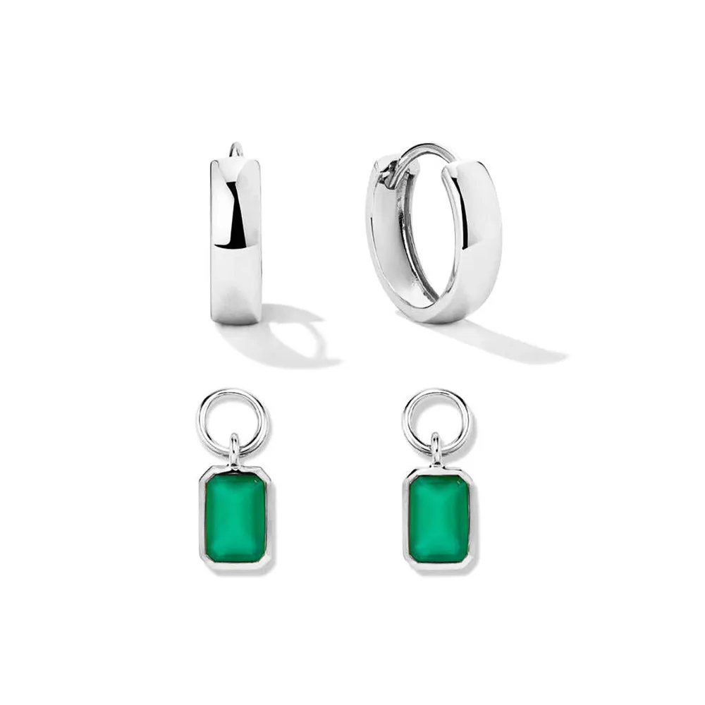 Bold Huggie Hoops & Lab Grown Emerald Charms Set