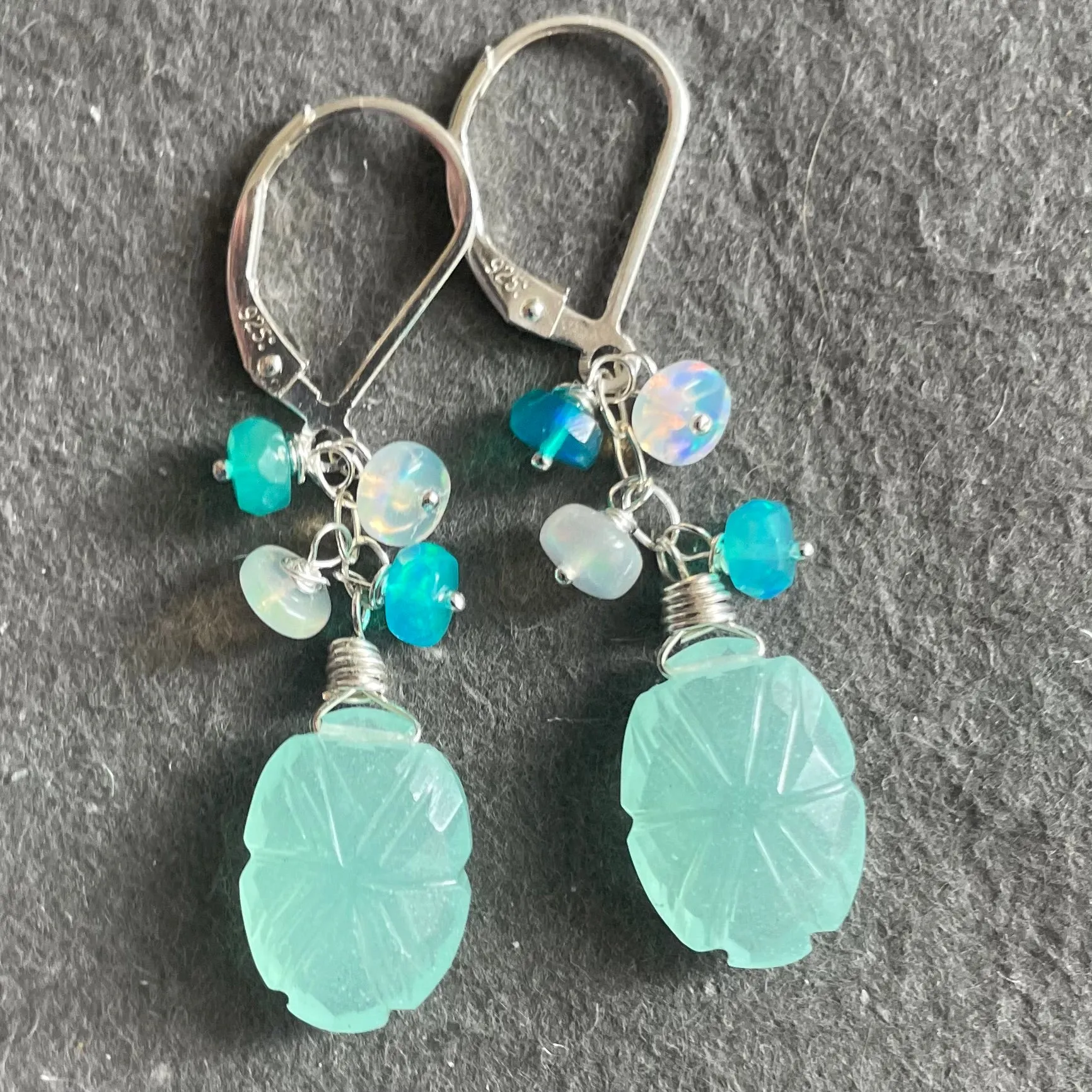 Carved Leaf and Welo Opal Dangle Earrings