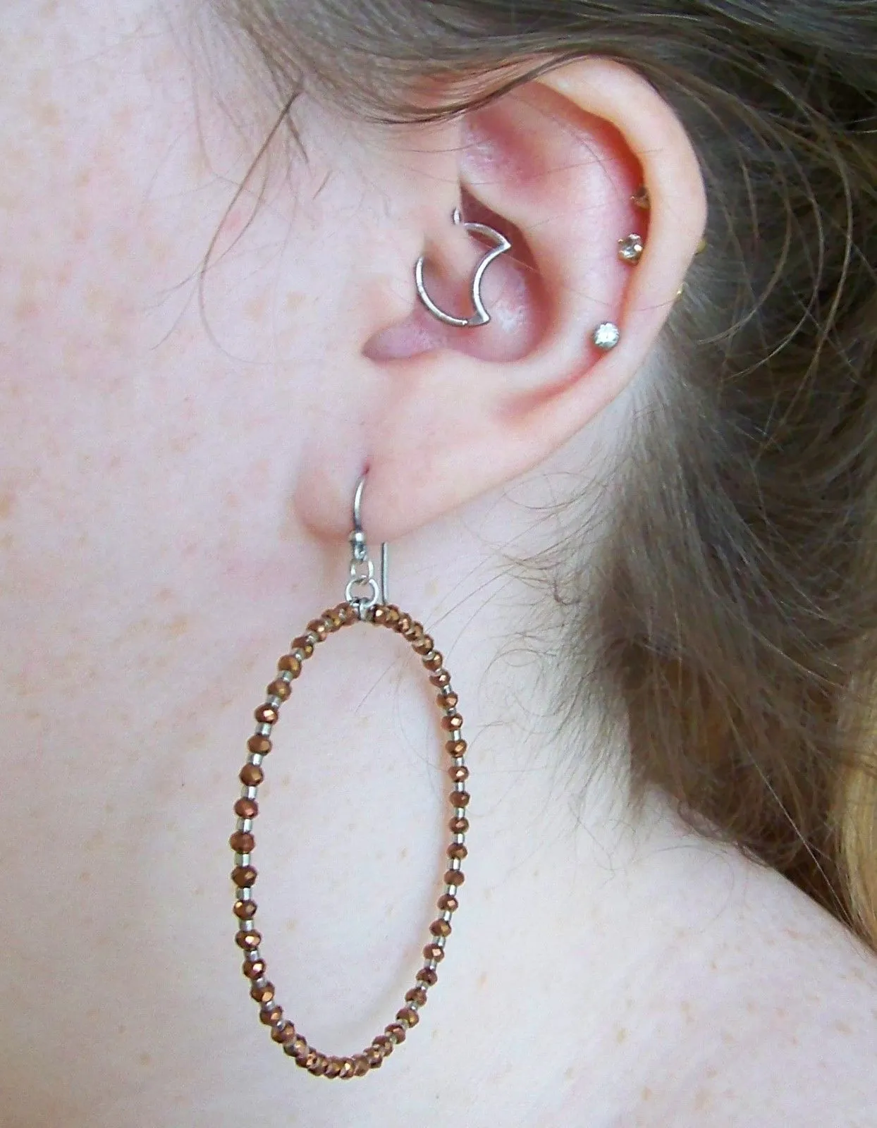 Chan Luu Silver Hoop Earrings with Bronze Crystals and Silver Seed Beads