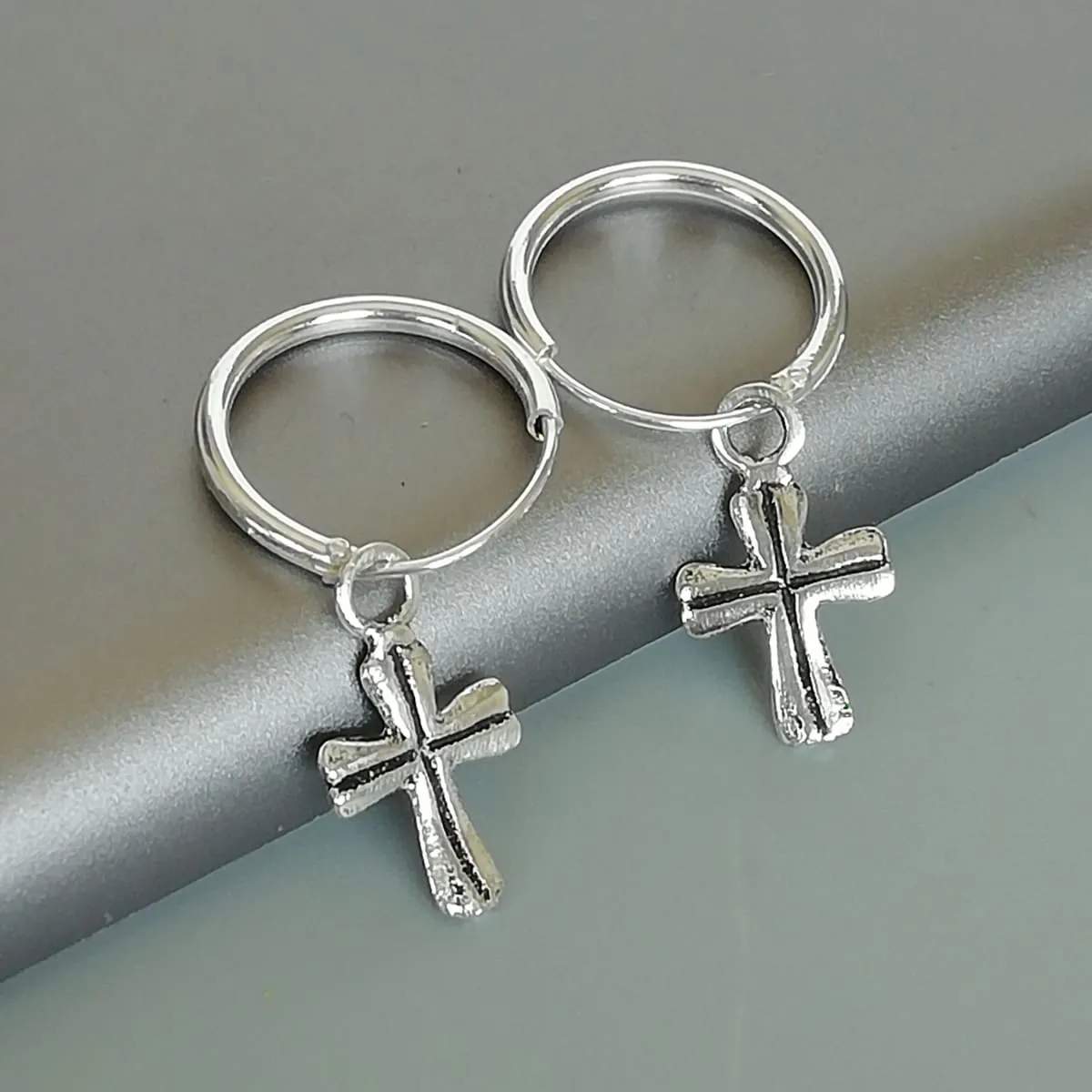 Cross charm hoop | Sterling silver 12 mm hoop earrings | Religious charm hoops | Bohemian jewelry | Charm hoops | Silver ear hoops | E885