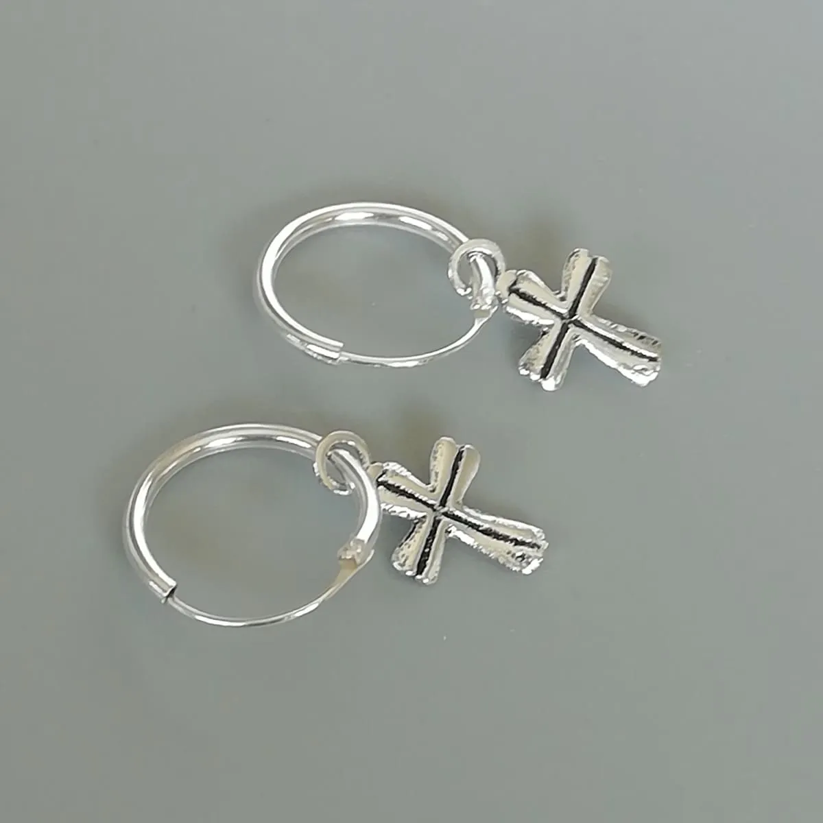 Cross charm hoop | Sterling silver 12 mm hoop earrings | Religious charm hoops | Bohemian jewelry | Charm hoops | Silver ear hoops | E885