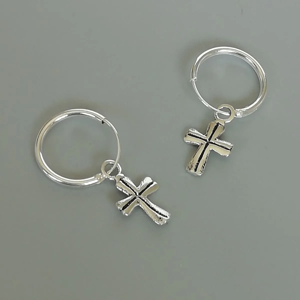 Cross charm hoop | Sterling silver 12 mm hoop earrings | Religious charm hoops | Bohemian jewelry | Charm hoops | Silver ear hoops | E885