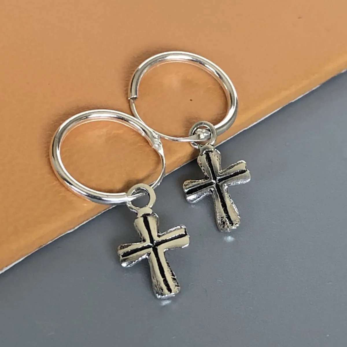 Cross charm hoop | Sterling silver 12 mm hoop earrings | Religious charm hoops | Bohemian jewelry | Charm hoops | Silver ear hoops | E885