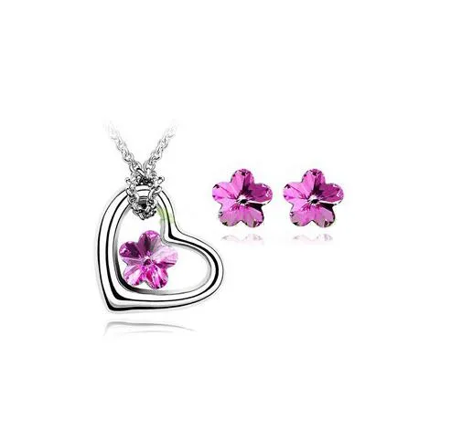 Crystal Flower Heart Necklace & Earrings Fashion Jewelry Set