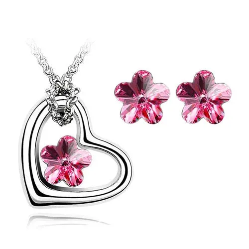 Crystal Flower Heart Necklace & Earrings Fashion Jewelry Set