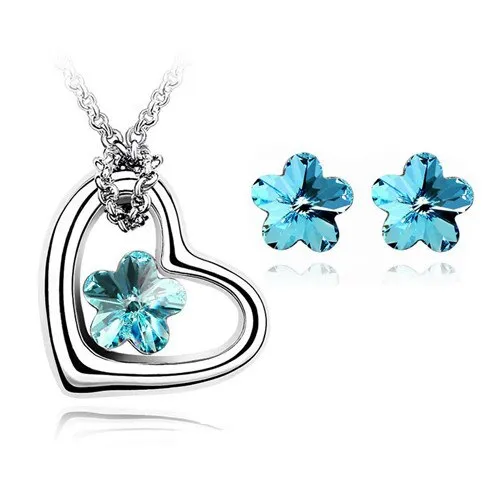 Crystal Flower Heart Necklace & Earrings Fashion Jewelry Set