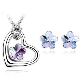 Crystal Flower Heart Necklace & Earrings Fashion Jewelry Set