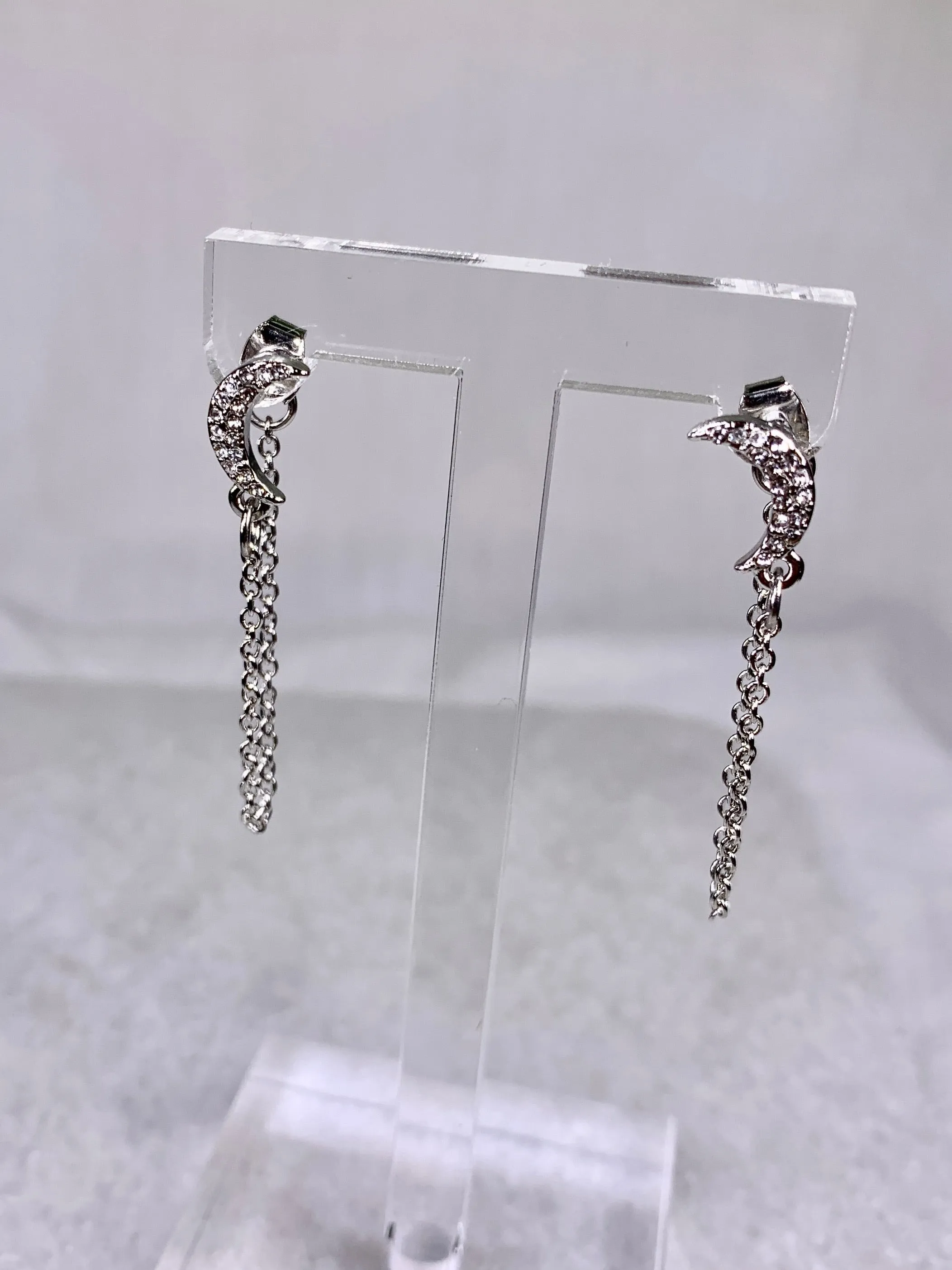 CZ Crescent Drape Post Earring-Silver