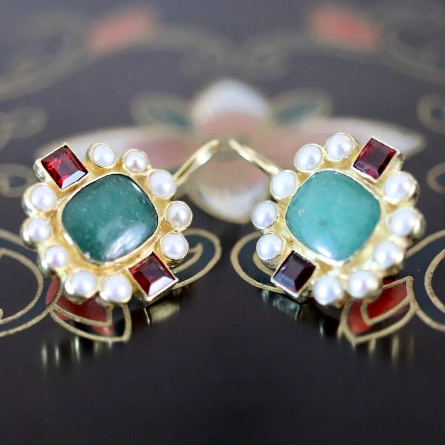 Duchess Of Malfi 14k Gold, Aventurine, Pearl and Garnet Earrings