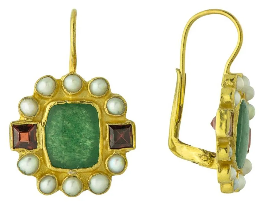 Duchess Of Malfi 14k Gold, Aventurine, Pearl and Garnet Earrings