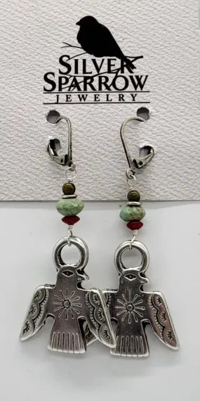 Earrings, Aztec Bird w-Mixed Gemstones Sterling Silver