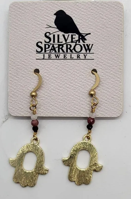 Earrings, Gold Hamsa w-Stones