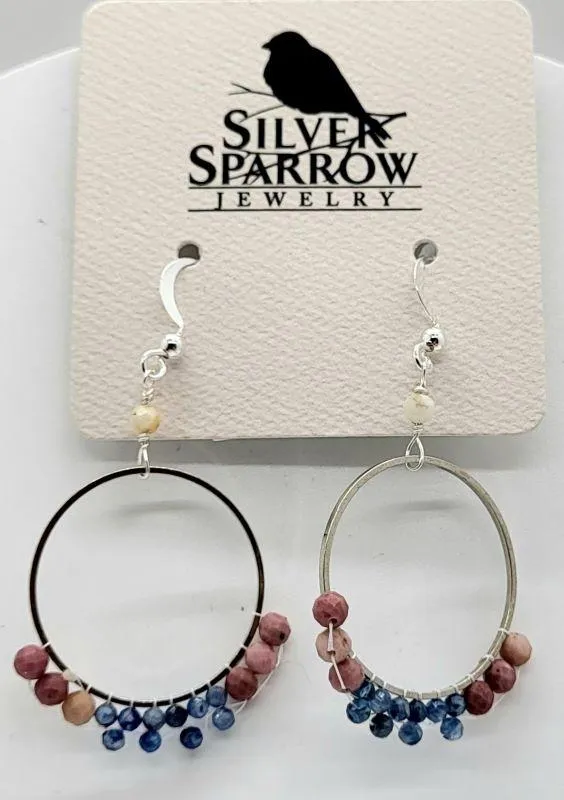 Earrings, Silver Hoops w-Mixed  Stones