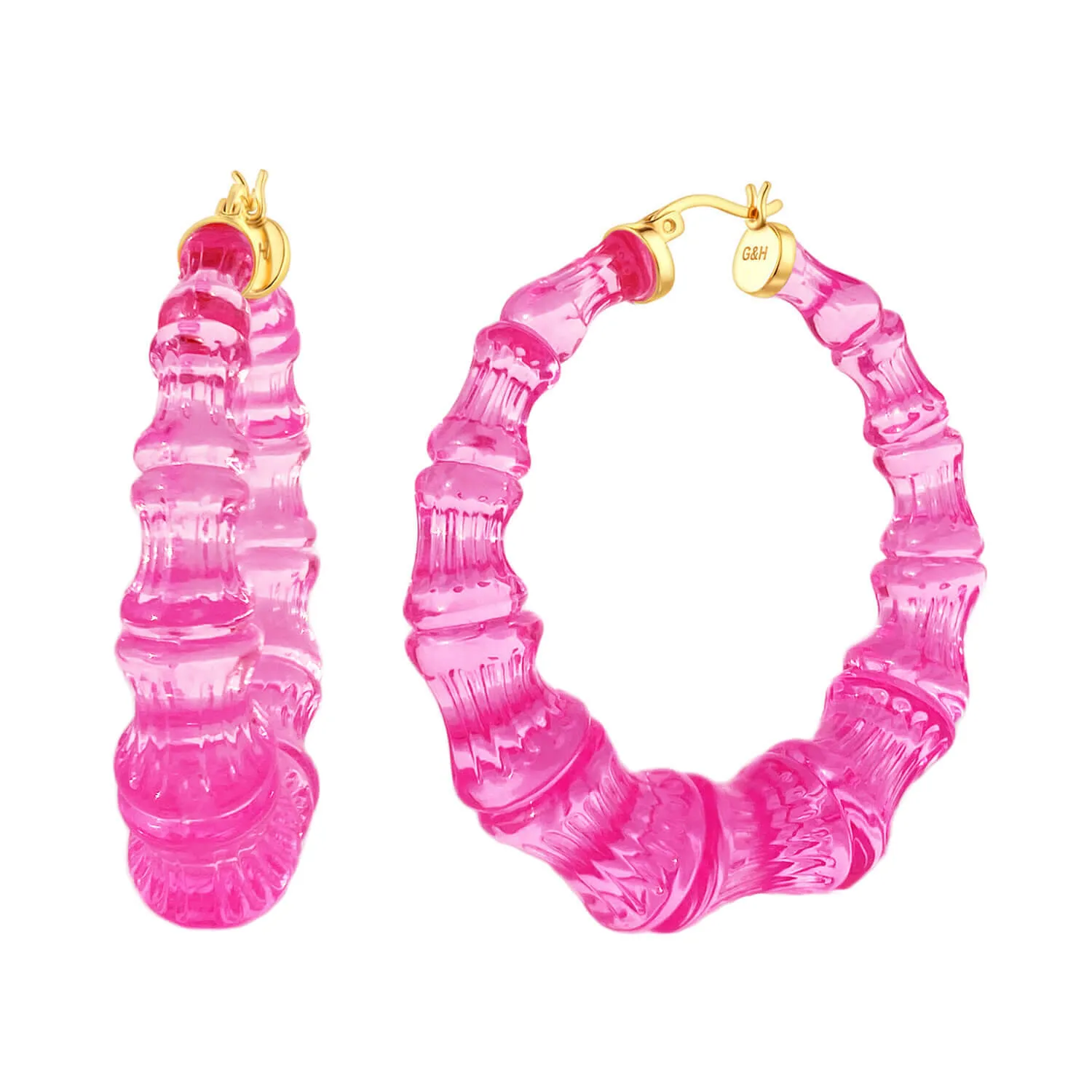 Electric Pink Lucite Bamboo Hoop Earrings