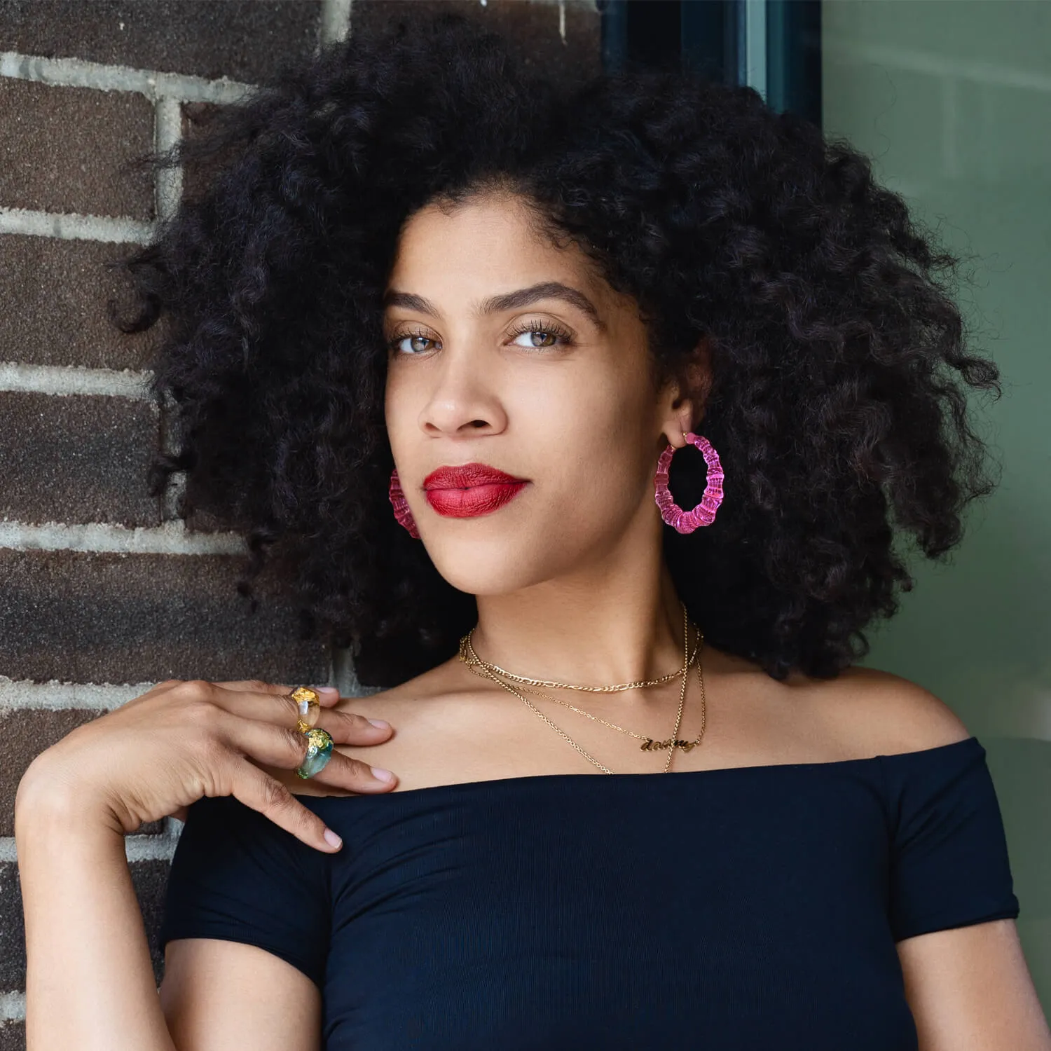 Electric Pink Lucite Bamboo Hoop Earrings