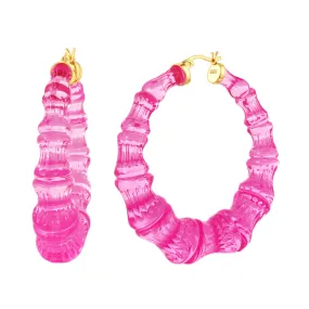 Electric Pink Lucite Bamboo Hoop Earrings