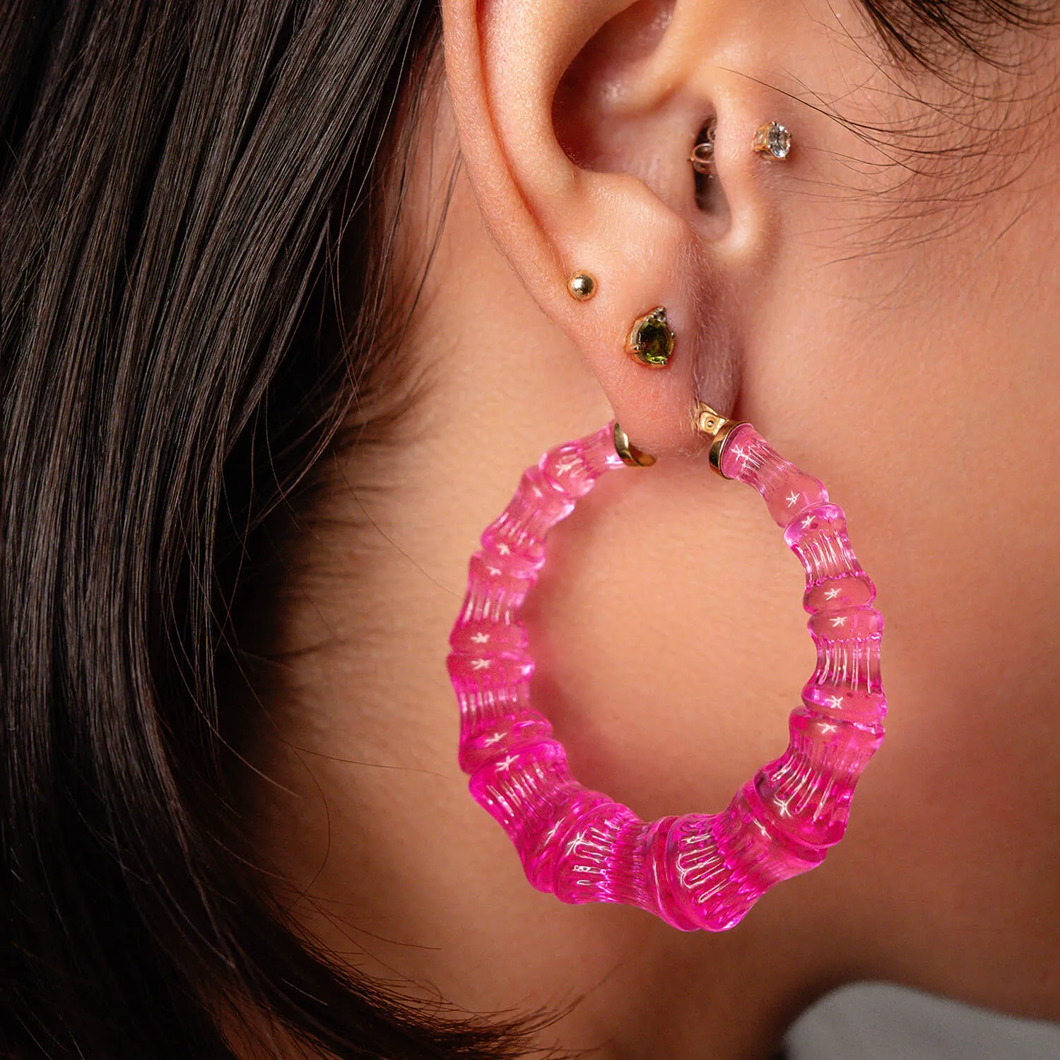 Electric Pink Lucite Bamboo Hoop Earrings