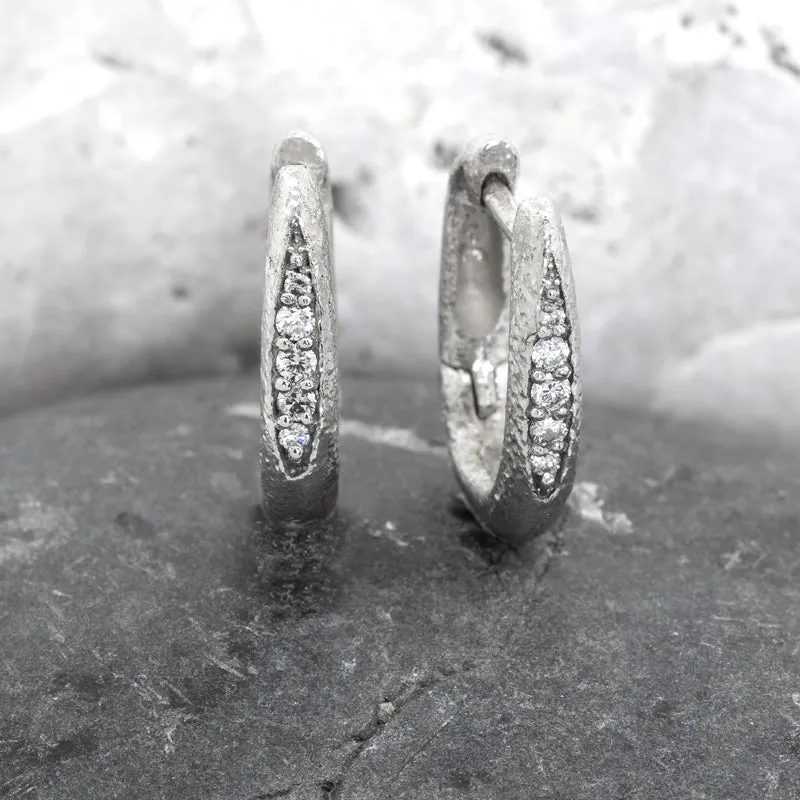 Elongated Ancient Hinged Hoop Diamond Earrings in 14k white gold