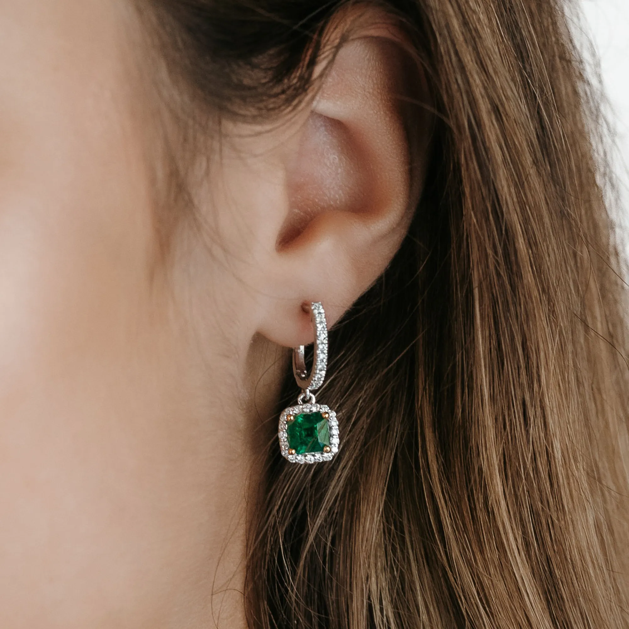 Emerald & Diamond Dangle U-Hoop Earrings all